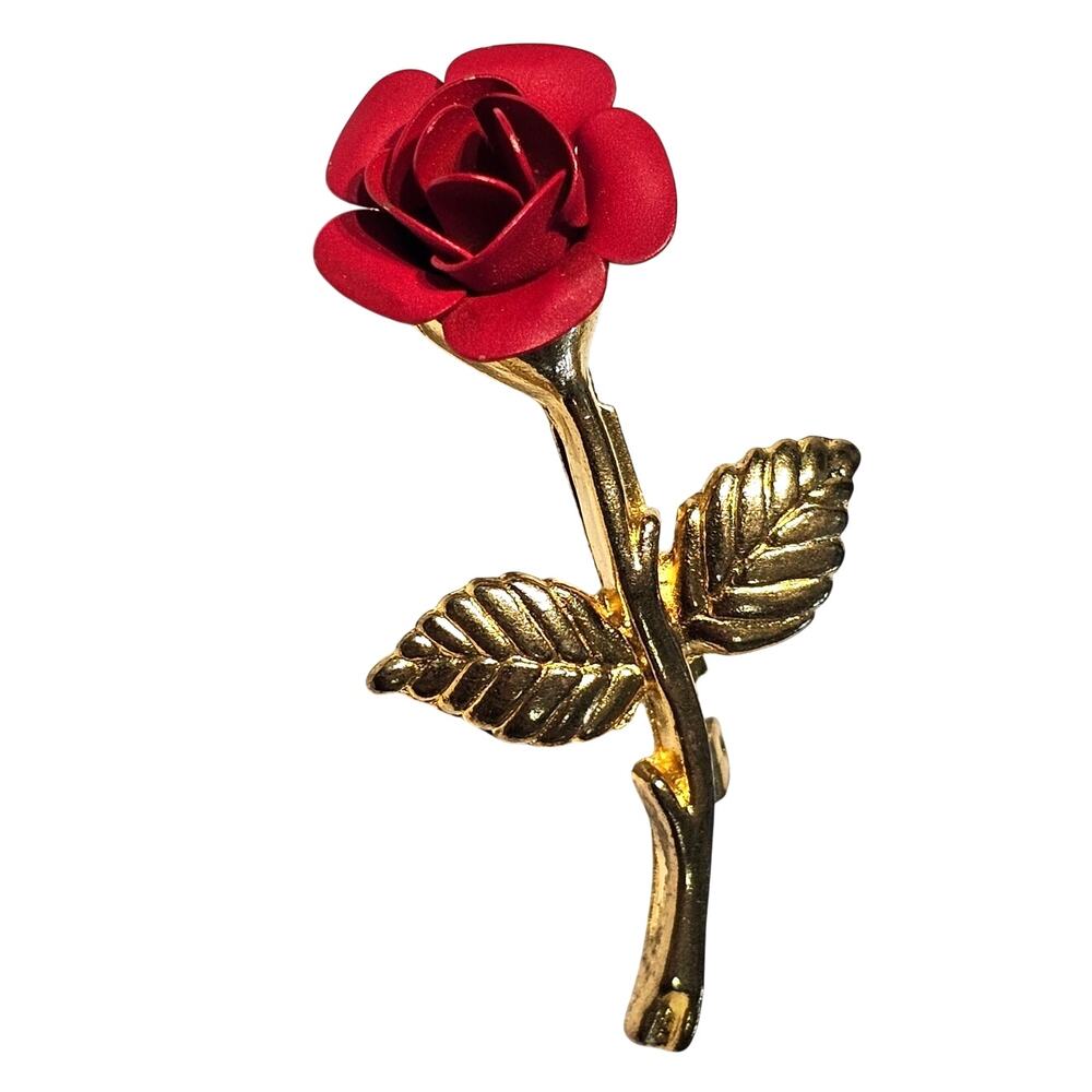 Vintage Red Rose Brooch Gold Tone  Pin 1.74" Floral Jewelry Unmarked, Gift Box